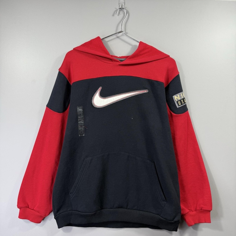 2000s Nike Hoodie Boys XL 18-20 Black Colorblock Fleece Pullover Center Swoosh